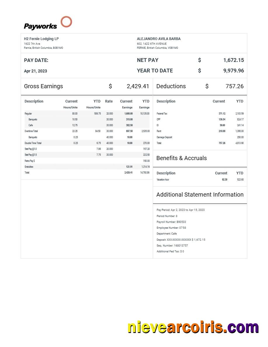 H2 Fernie Lodging LP pay statement